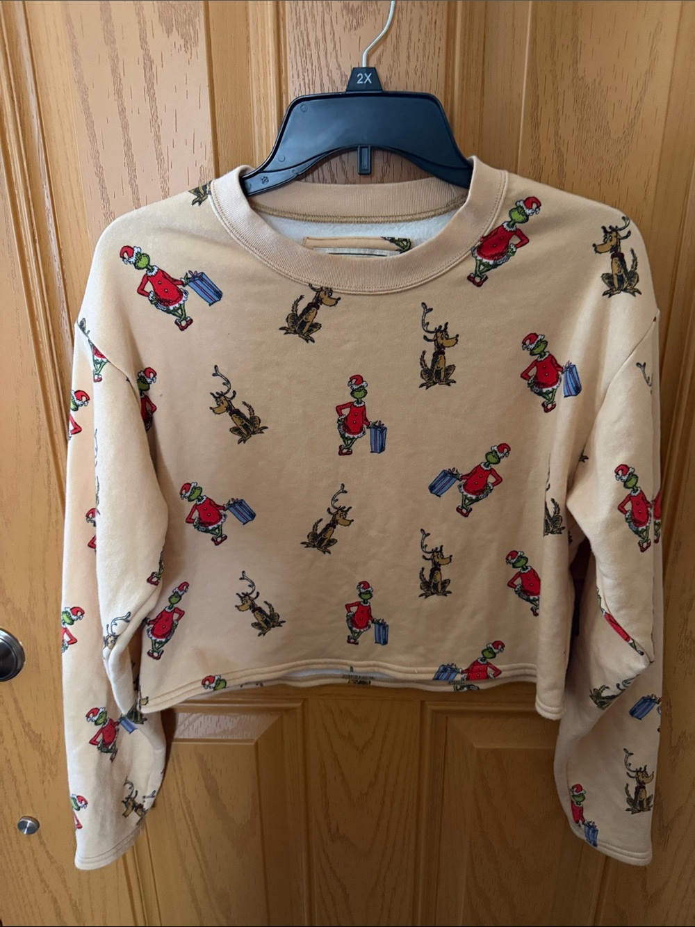 American Eagle Outfitters Beige Crewneck Sweater with Red & Blue Holiday Motif
